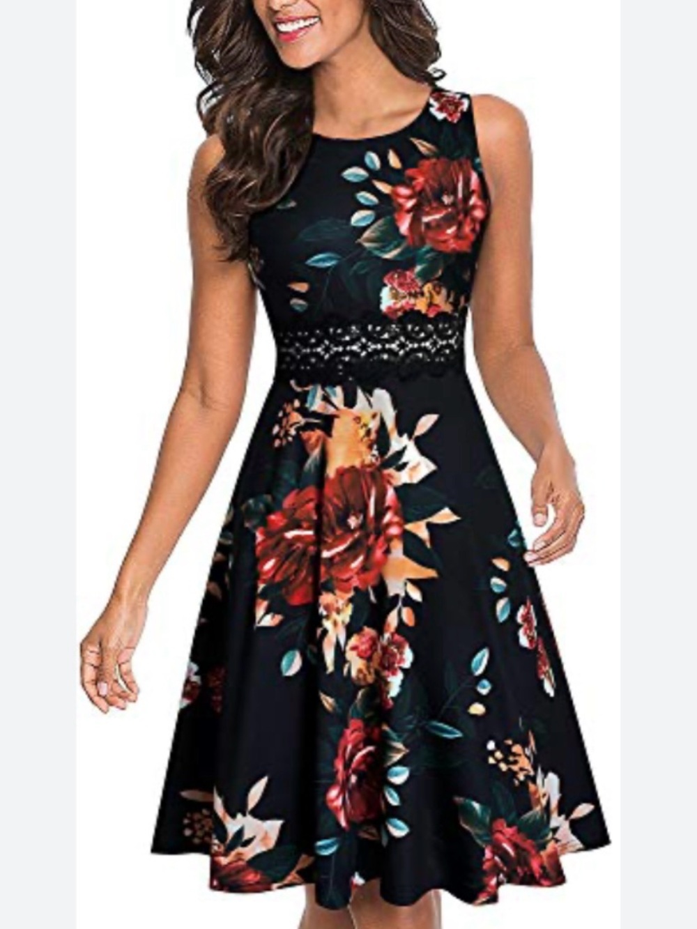 Black Floral Lace-Waist A-Line Dress